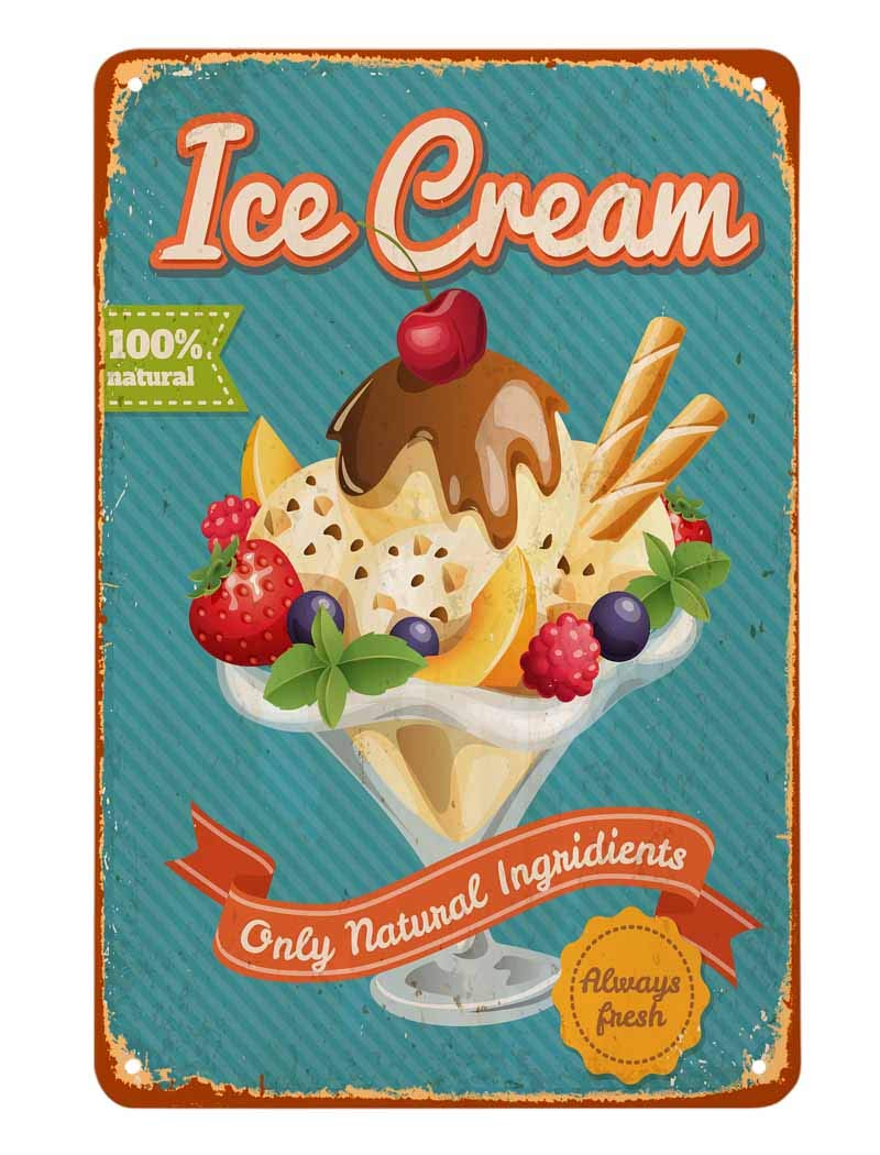 Aoyego Ice Cream Tin Sign,Poster Style With Letter Only Natural Ingredients Vintage Metal Tin Signs For Cafes Bars Pubs Shop Wal
