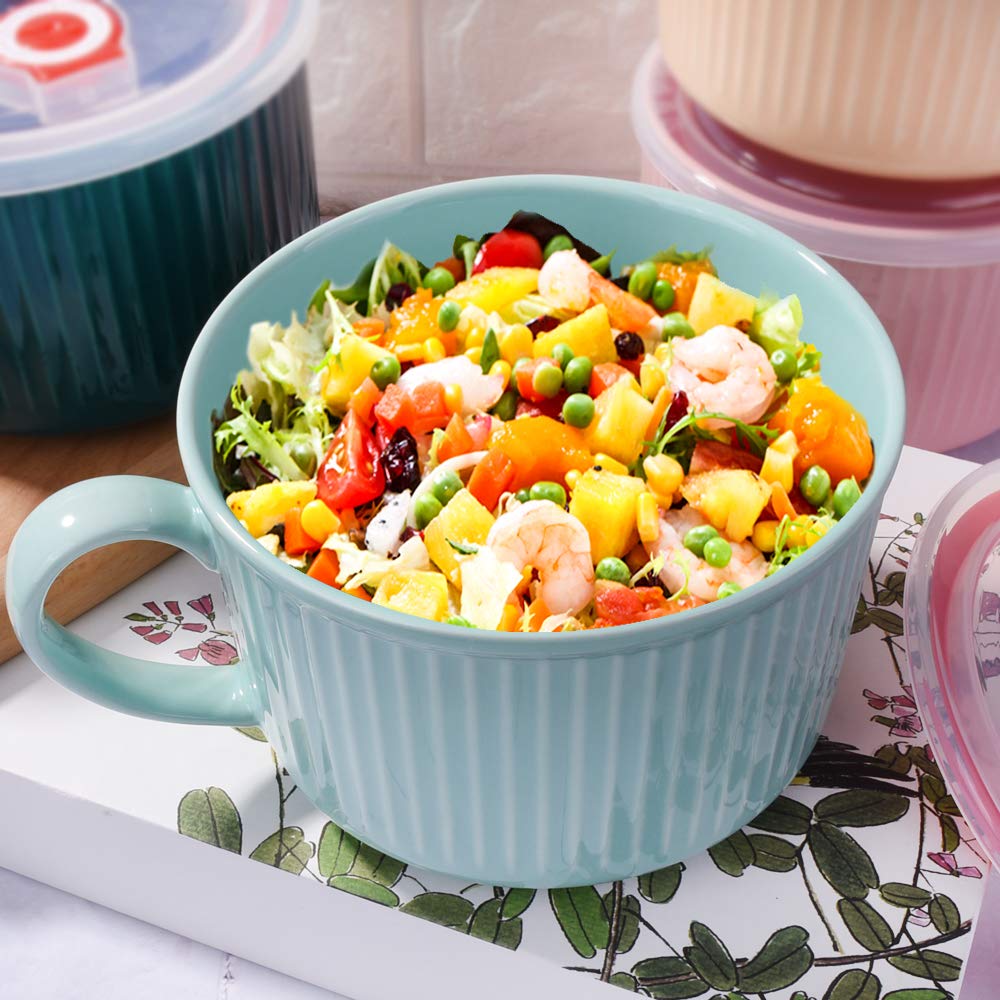 Lmrlcs Microwavable Soup Bowl With Handle And Lid, 30.4 Oz Cereal Bowls For Oat Instant Noodles, Snacks (Blue)