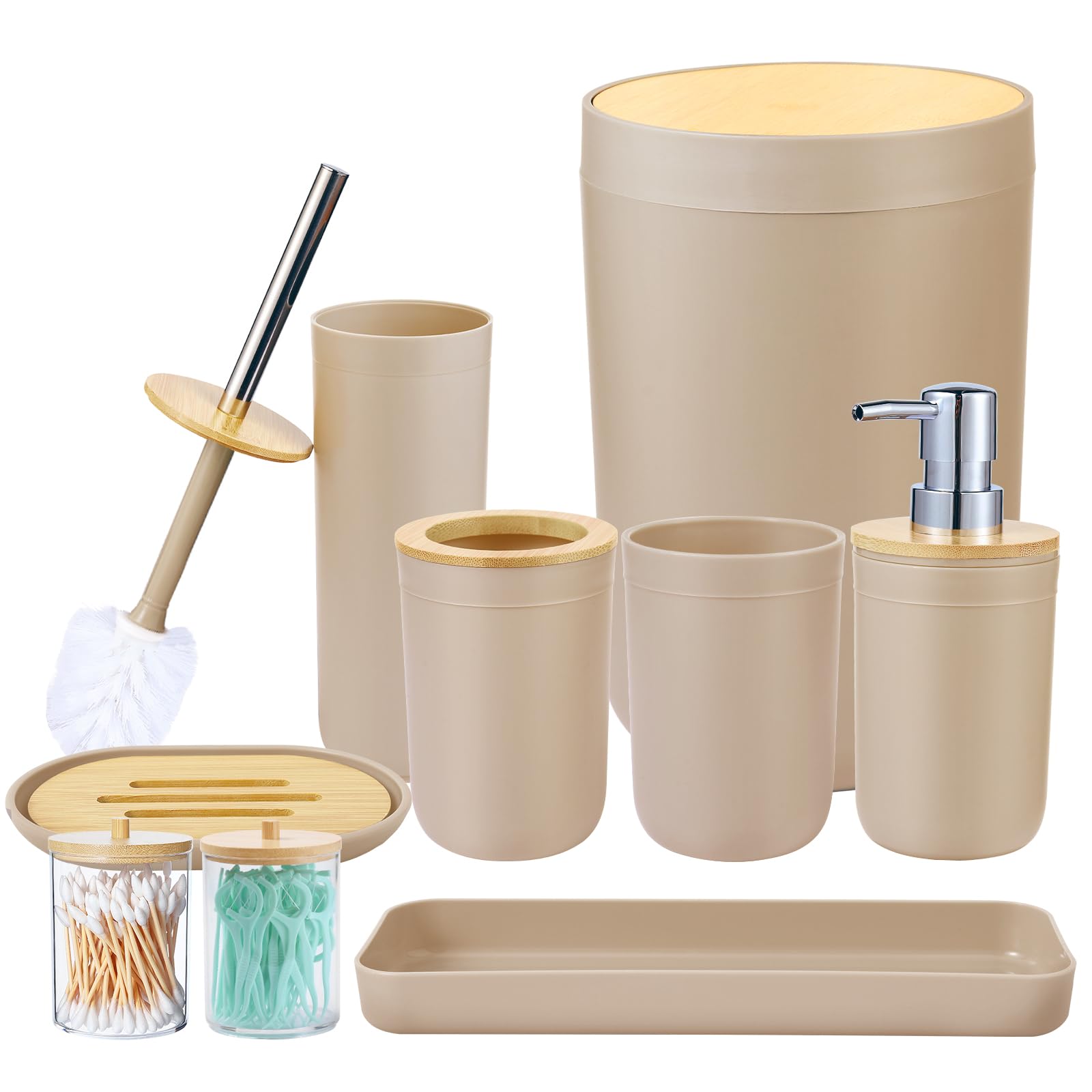 Imucci Bathroom Accessories Set - With Trash Can Toothbrush Holder Soap Dispenser Soap And Lotion Set Tumbler Cup(9Pcs Beige Woo