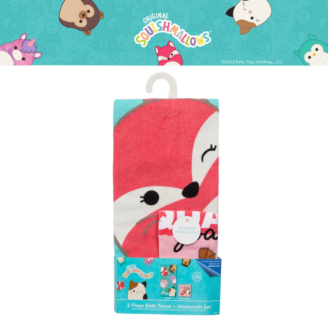Franco Squishmallows Kids Bath/Pool/Beach Soft Absorbent Cotton Terry Towel With Washcloth 2 Piece Set, 50 In X 25 In, (Official