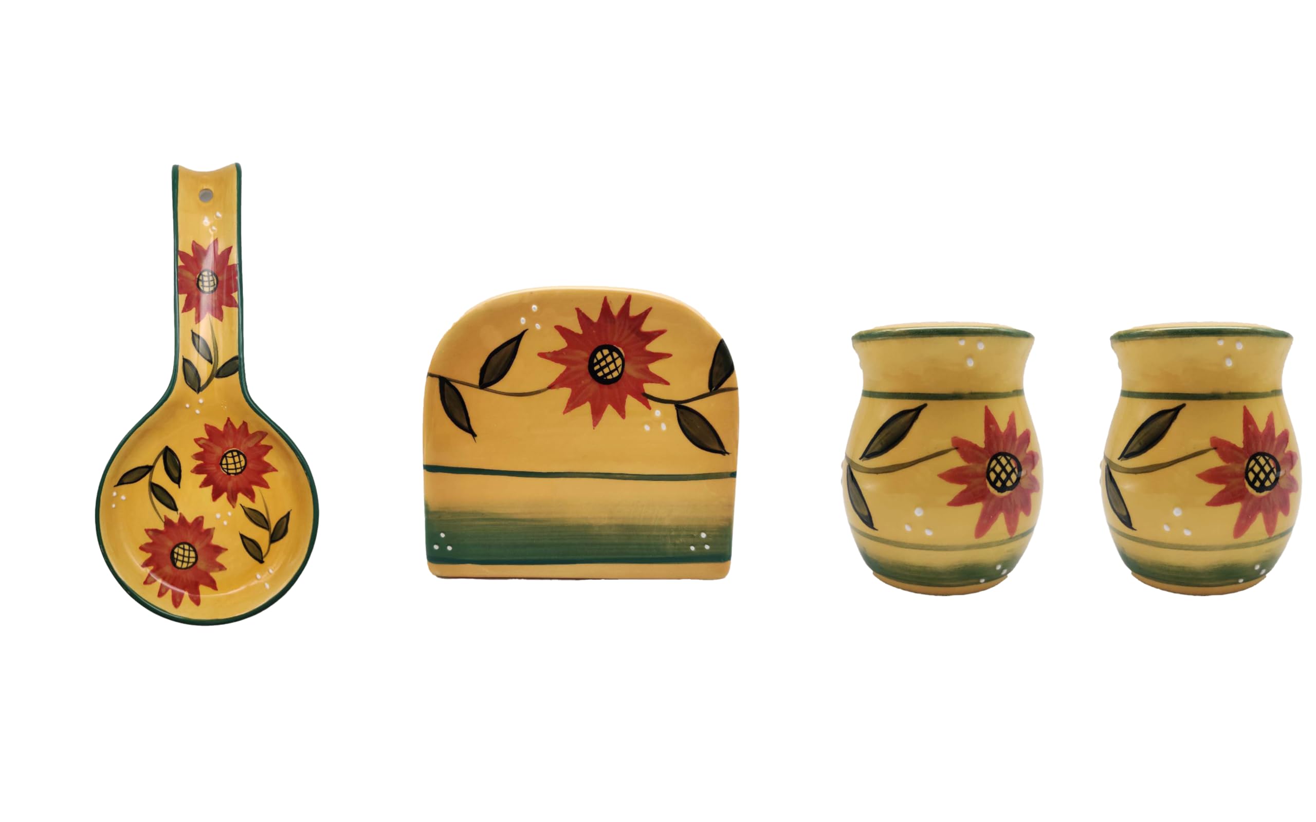 Ack Tuscany Country Sunflower Hand Painted Ceramic 4Pcs Table/Stove Top Set,Pepper/Salt Shakers,Napkin Holder And Spoon Rest,Kit