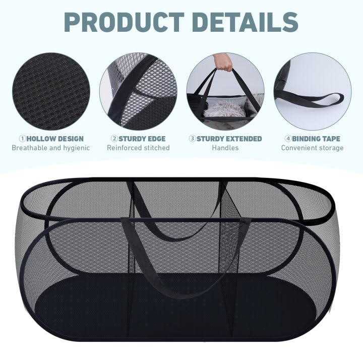 2 Pieces Pop Up Laundry Hamper, 3 Compartment Collapsible Mesh Popup Laundry Basket, Collapsible Mesh Laundry Baskets For Family
