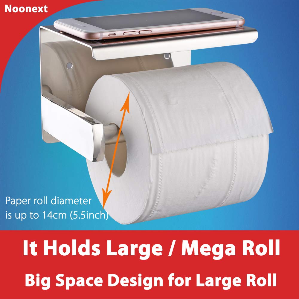 Toilet Paper Holder With Shelf Wall Mounted, Adhesive Toilet Paper Roll Holder, Stainless Steel Tissue Roll Dispenser Storage, A