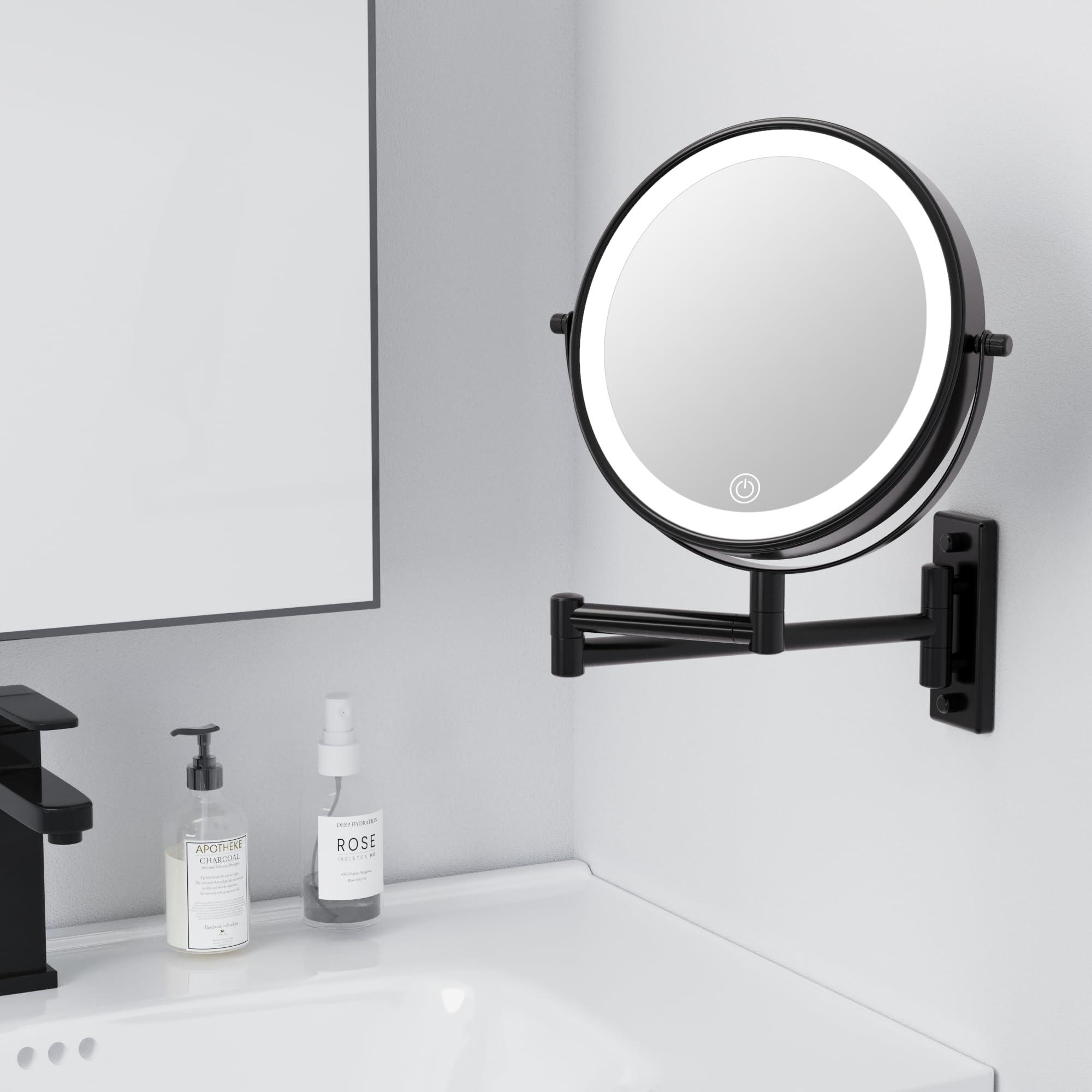 LANSI Rechargeable Wall Mounted Lighted Makeup Mirror  Mounted Makeup Magnifying Mirror with Lights 10X LED Vanity Mirror Wall Mounted  8'' Wall Bathroom Light Up Magnified Mirror (Black)