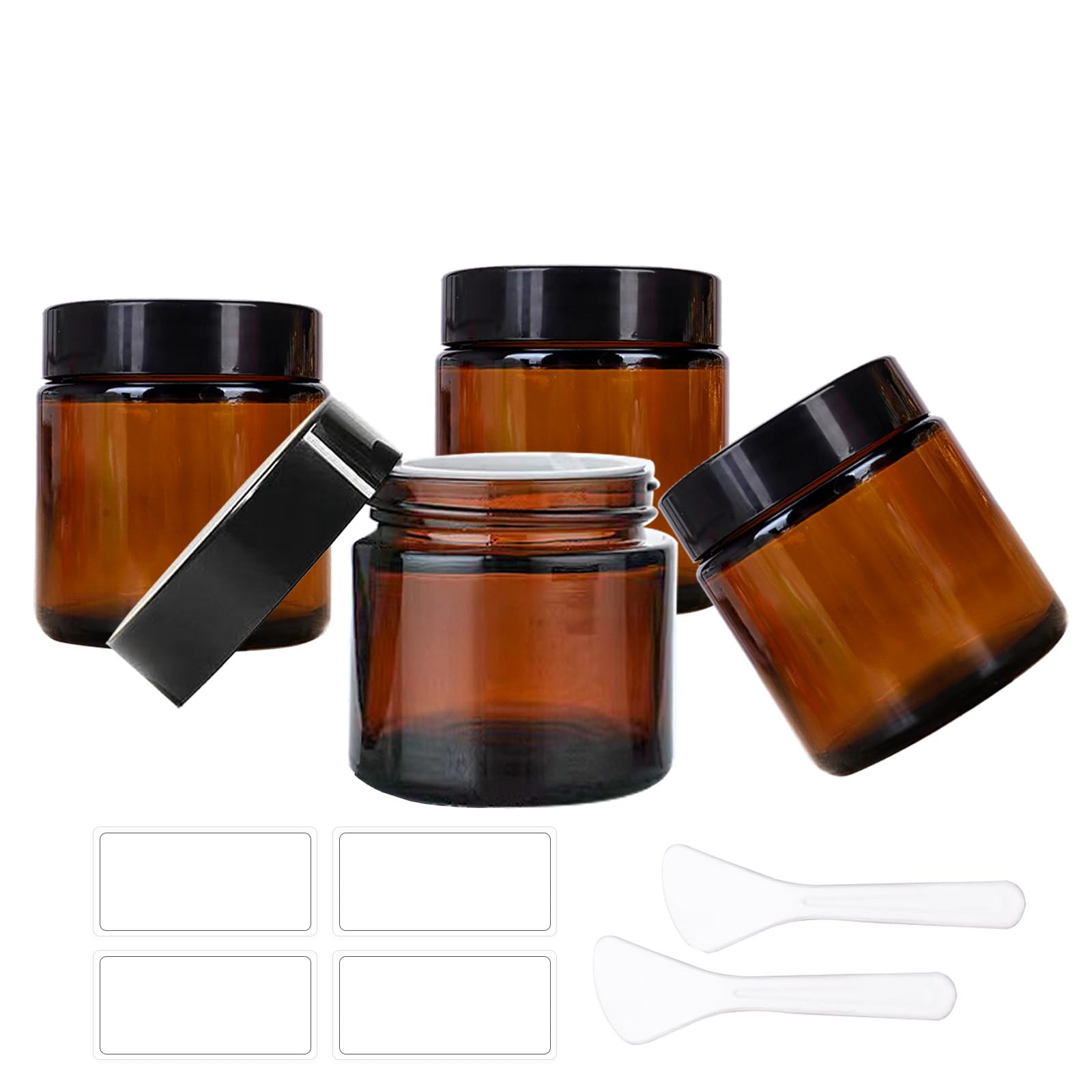 Begiket 4 Pack 2 Oz Amber Glass Jars With Lids,60Ml Empty Round Glass Jar With Inner Liners And Black Lids,Cosmetic Containers F