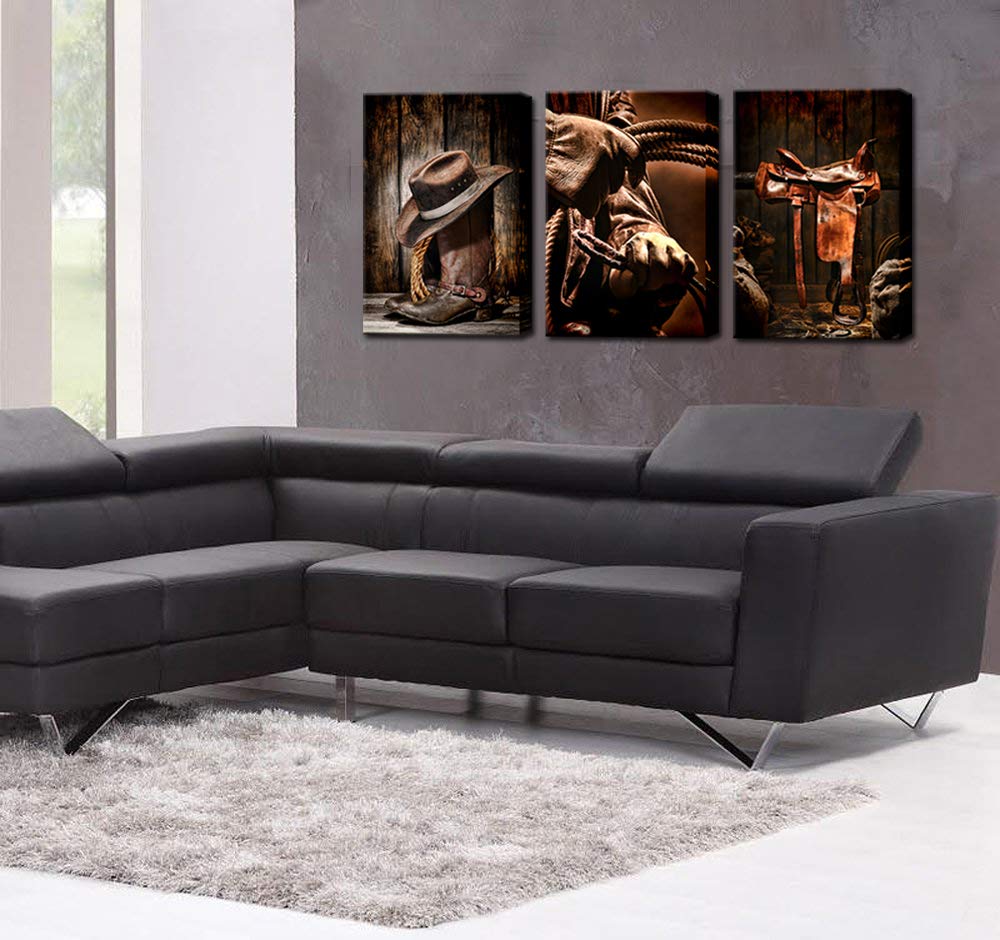 Biuteawal - 3 Pieces Canvas Prints American West Rodeo Cowboy Wall Art Painting Brown Straw Hat On Leather Rancher Roper Boots P