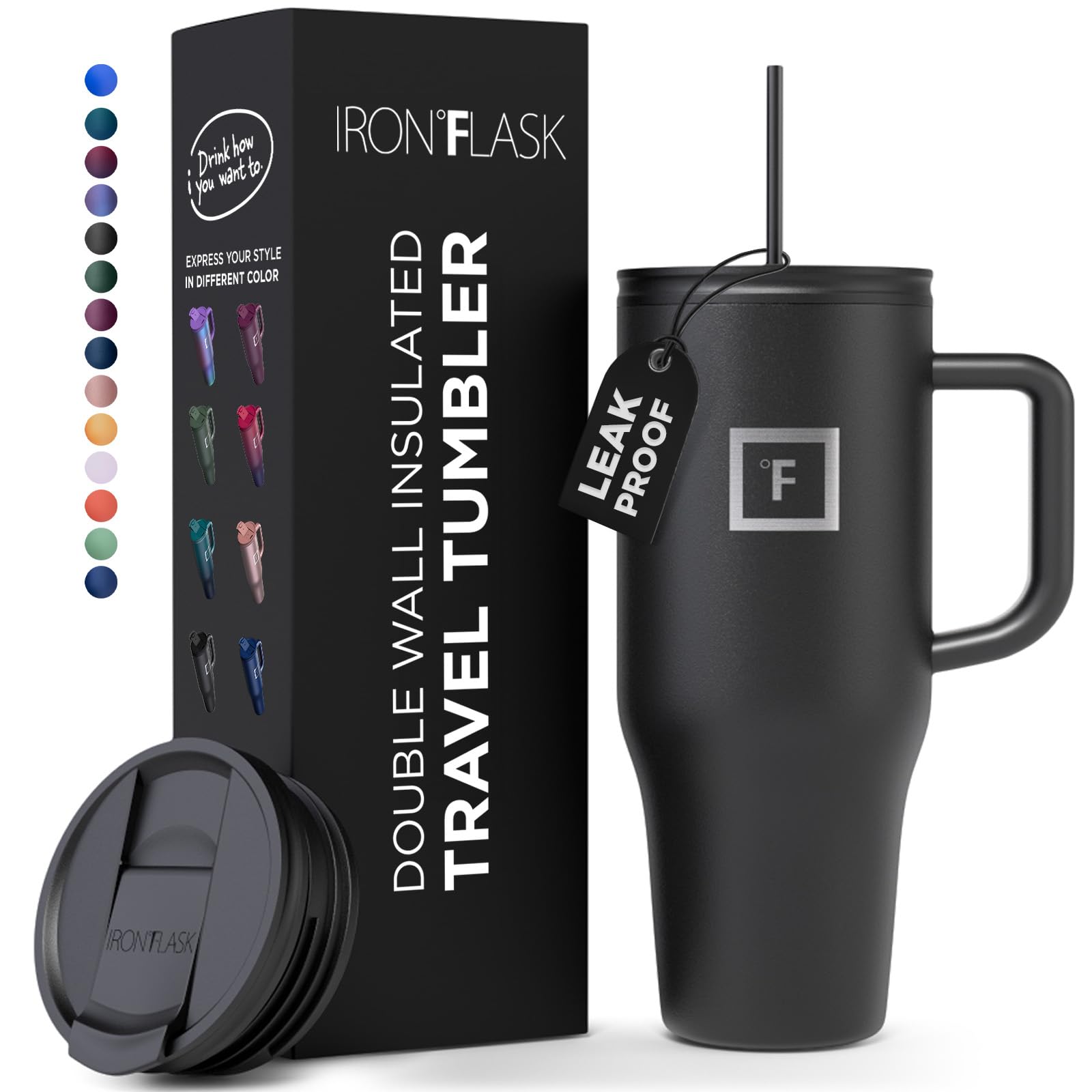 Iron Flask Co-Pilot Insulated Tumbler W/Straw & Flip Cap Lids - Cup Holder Bottle For Hot, Cold Drink - Leak-Proof- Water, Coffe