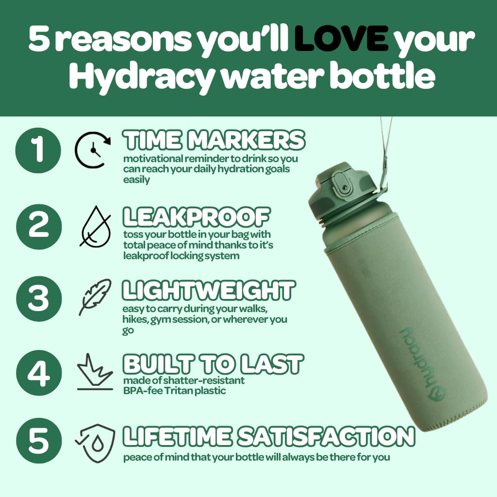 Hydracy Water Bottle with Time Marker - 500 ml 17 Oz BPA Free Water Bottle - Leak Proof & No Sweat gym Bottle with Fruit Infuser Strainer - Ideal gift for Fitness or Sports & Outdoors Moonlightgreen
