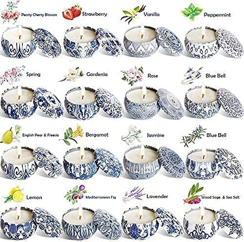 Set of 16 Small Scented Candles Gifts,Blue and White Aroma Naturals Candles,2.5 OZ Soy Wax Travel Tin Jar Candles,Appropriate Gi
