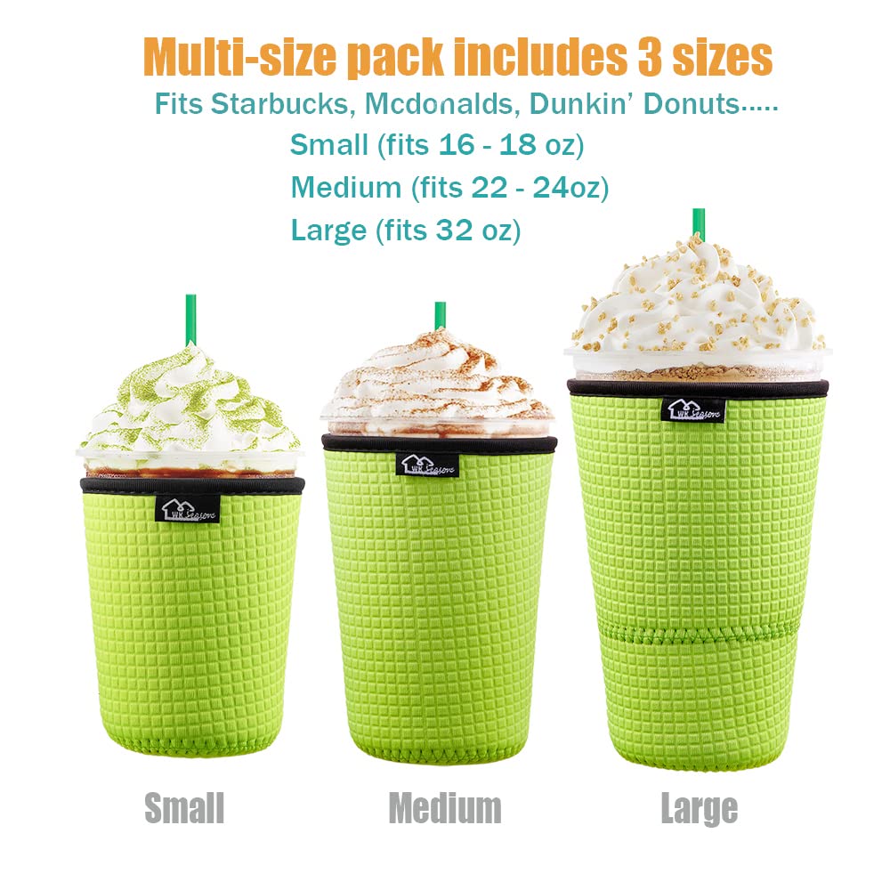 WK IEASON Reusable Iced Coffee Insulator Sleeve, Neoprene Cooler Cover, 16-24OZ, Embossed Neon Green