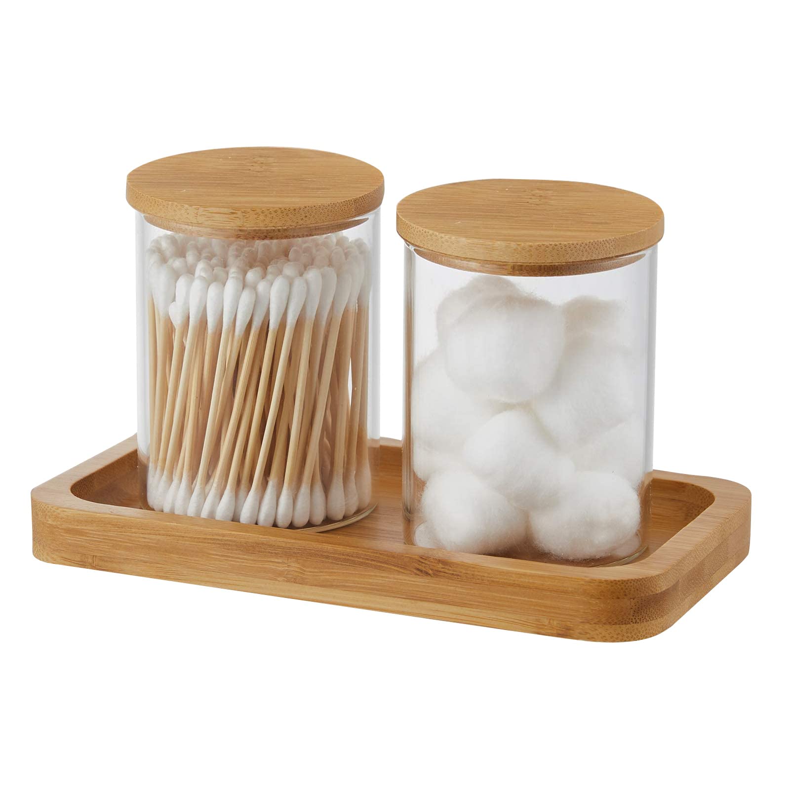 Bamboo Vanity Tray  Bathroom Tray Organizer Glass Qtip Holder Dispenser Apothecary Jars for Cotton Swabs Balls  Round Pad  Perfume Candles  Cosmetics and Jewelry Storage Organizer
