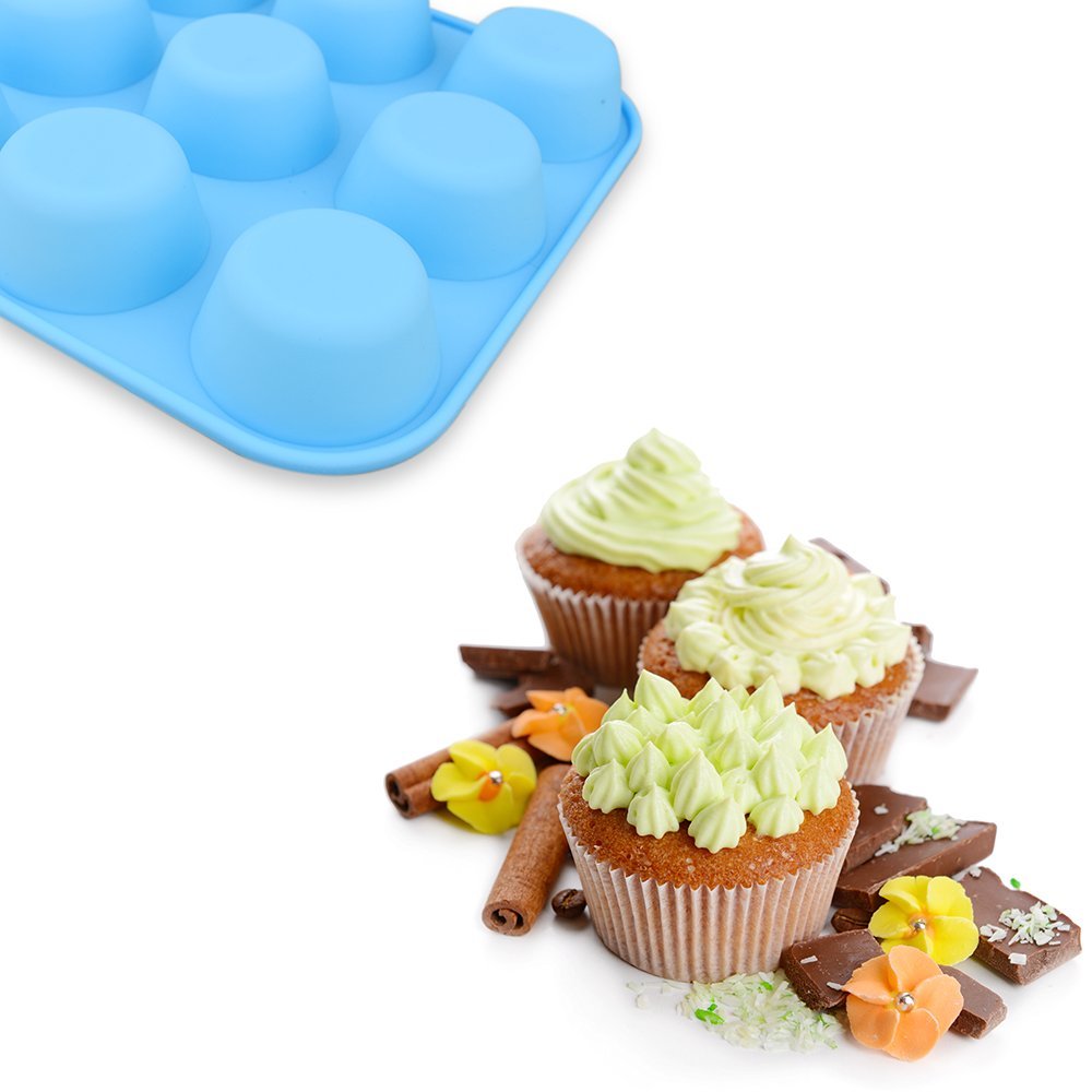 Homedge 12-Cup Silicone Muffin Pan, Pack Of 2 Non-Stick Muffin Molds, Baking Pan For Cupcake, Tarts, Egg Bites-Blue