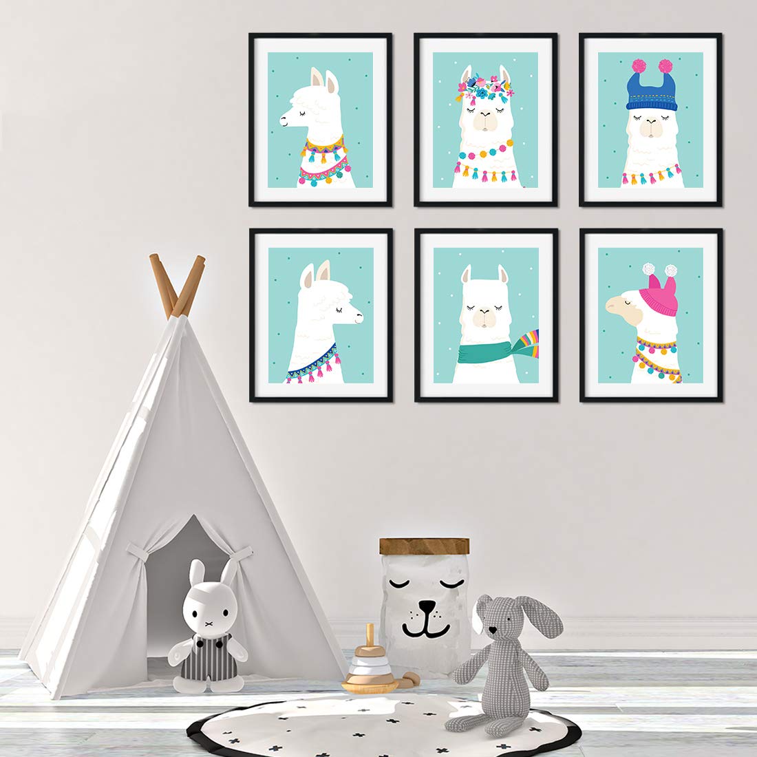Andaz Press Llama Theme Nursery Kids Room Unframed Hanging Wall Art Poster Home Decor, 8.5X11-Inch, Aqua, Llama Head Family Grap