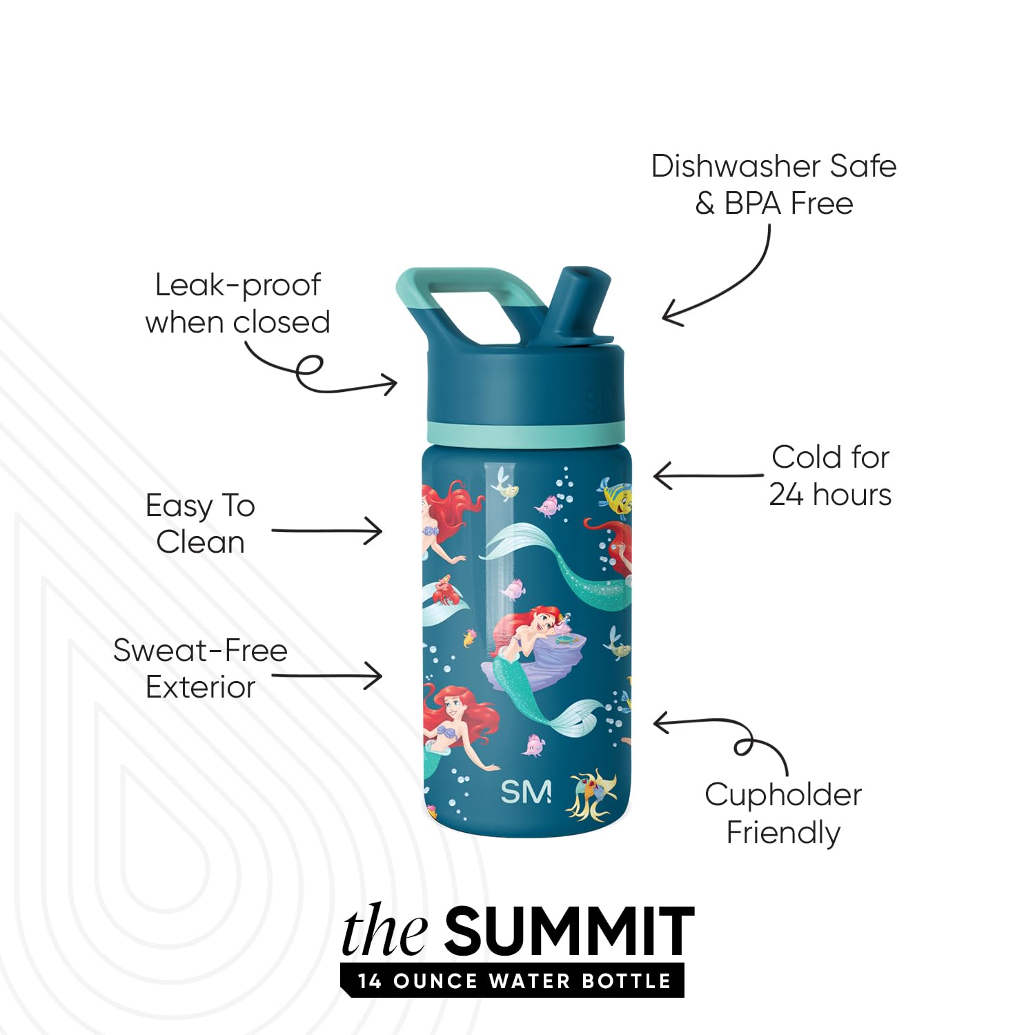 Simple Modern Kids Summit Water Bottle with Straw Lid | Disney Little Mermaid 14oz Stainless Steel Cup Insulated Tumbler for Gir