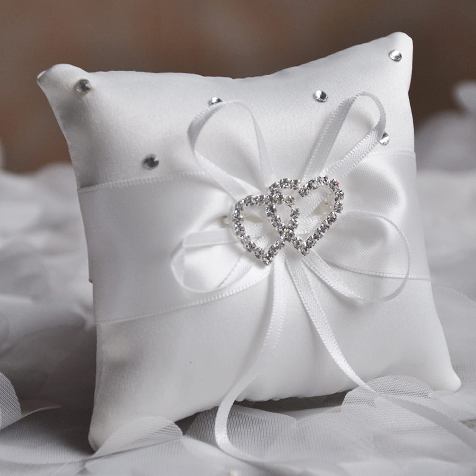Ring Bearer Pillow And Wedding Flower Girl Basket Set With Double Heart Rhinestone White Satin Wedding Basket And Ring Pillow Se