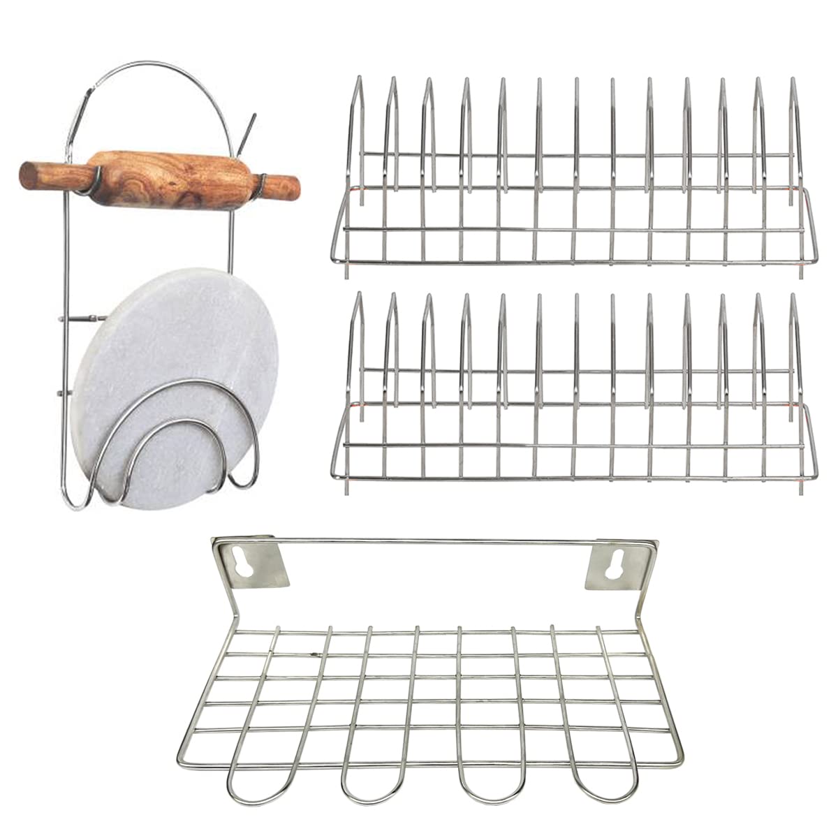 Jisun Stainless Steel (Pack Of 2) Plate Stand/Dish Rack & Chakla Belan Stand & Wall Mounted Ladle Stand For Kitchen
