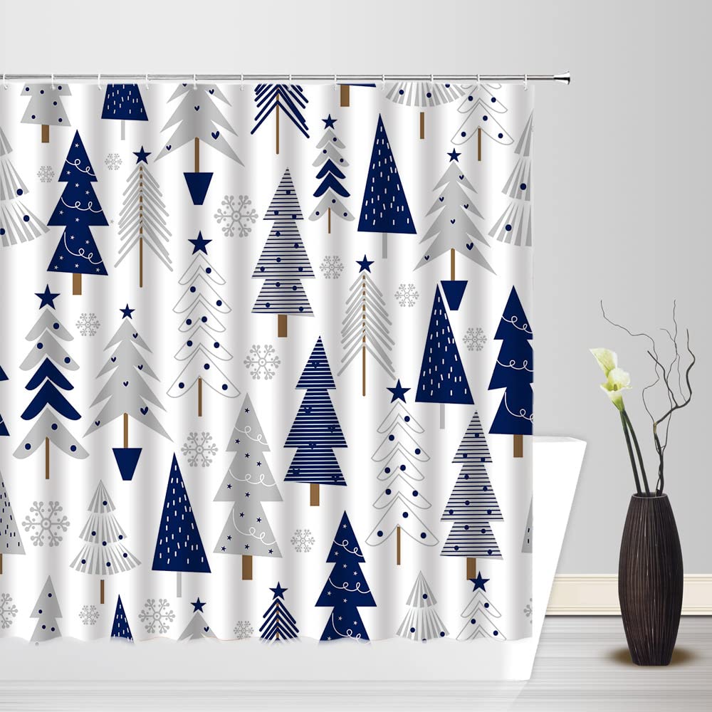 Merry Christmas Shower Curtain Colorful Xmas Tree Snowflake Blue Gray White Cartoon Rustic Farmhouse Vintage Winter Holiday Seas