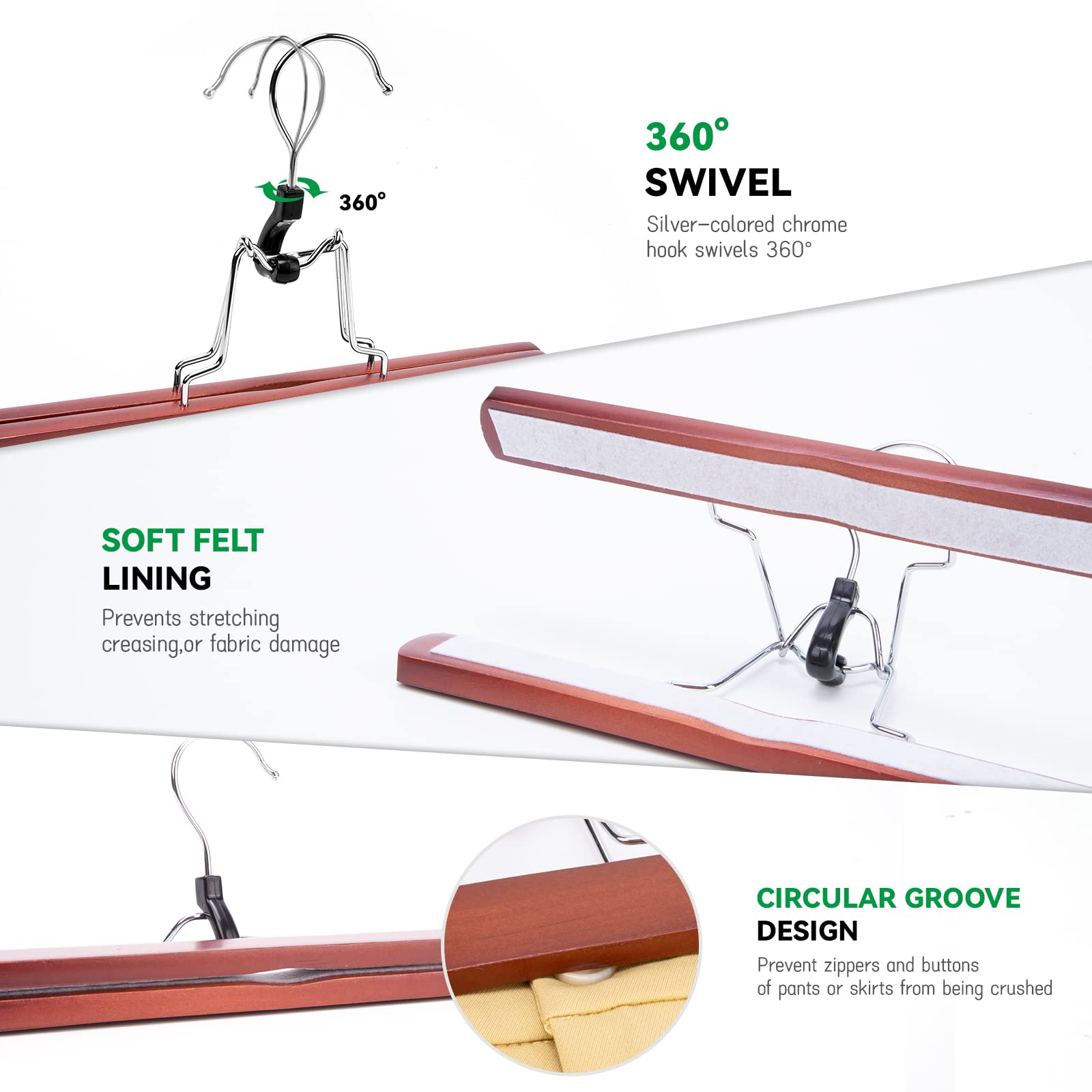 Nature Smile Wooden Non Slip Pants Skirt Hangers, Smooth Finish Solid Wood Jeans Slack Clamp Hangers Hair Extension Hangers (20