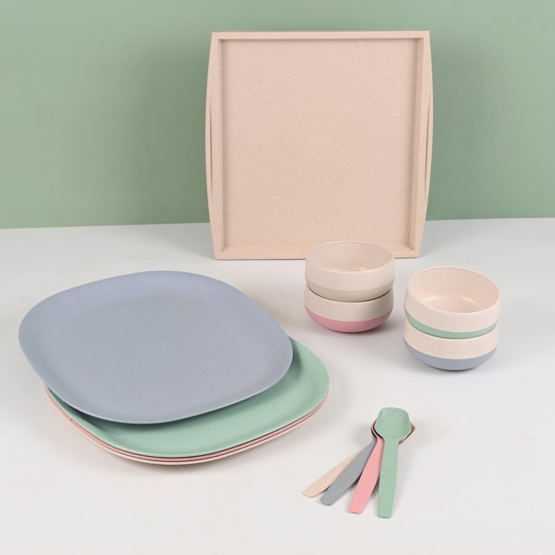 Eha EarthFriendly 11 Inch Dinner Plate And Soup Bowl With Spoon And One Square Tray | Set Of 4| 250 Ml | Made With Bamboo Fiber
