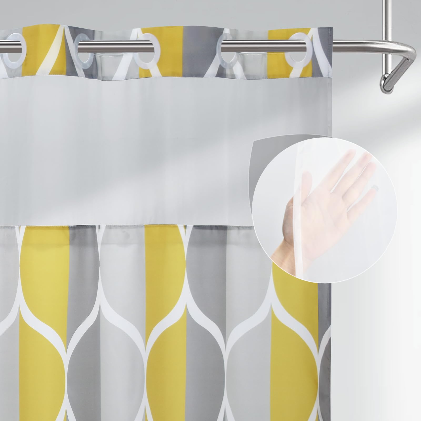 Yiatn Gray Yellow No Hook Shower Curtain With Liner Attached - Hotel Style With See Through Mesh Top Window, Modern Geometric Wa