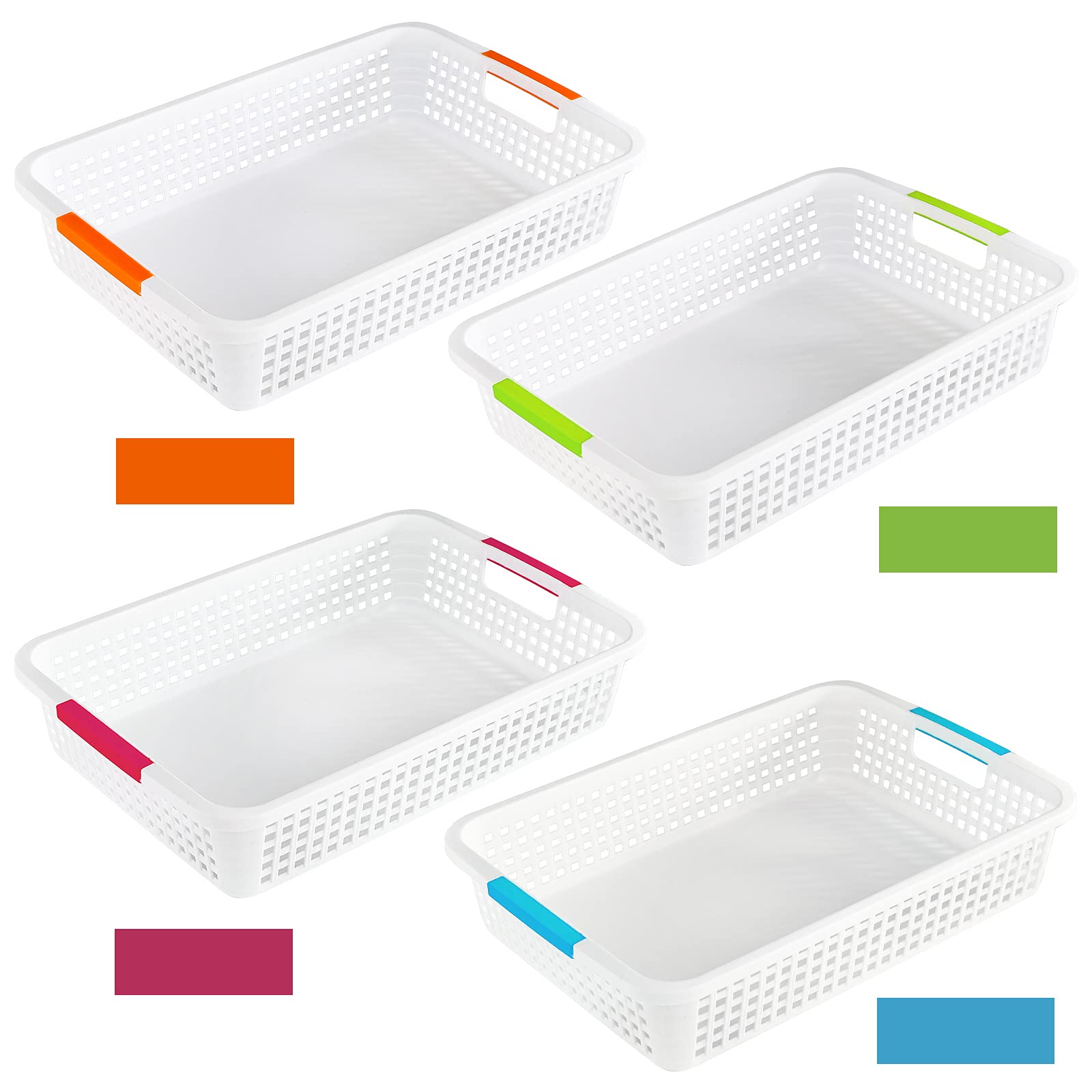 Lawei 8 Pack Large Plastic Storage Basket With Handle - 15 X 10 X 3 Inch Pantry Organizer Basket Bins Desktop Paper Storage Bask
