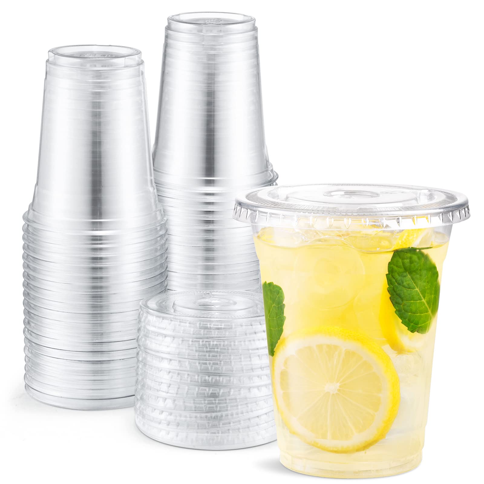 Eupako 12 Oz Plastic Cups With Lids 100 Sets Clear Disposable Plastic Party Cups With Flat Lids To Go, Cold Drink Cups, Smoothie