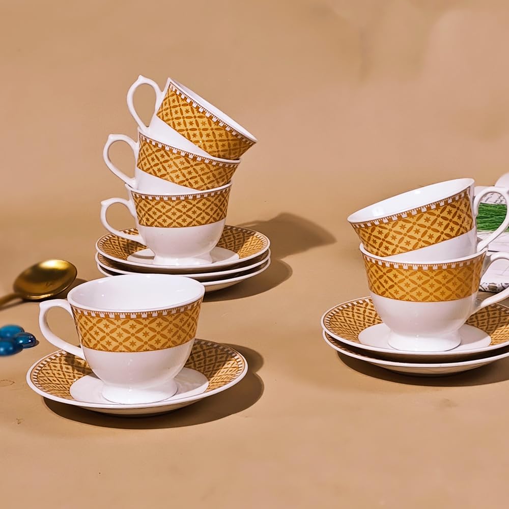 U.P.C. Toughened Glass Cup With Saucer Set Of 12 Pcs (Cup White33)