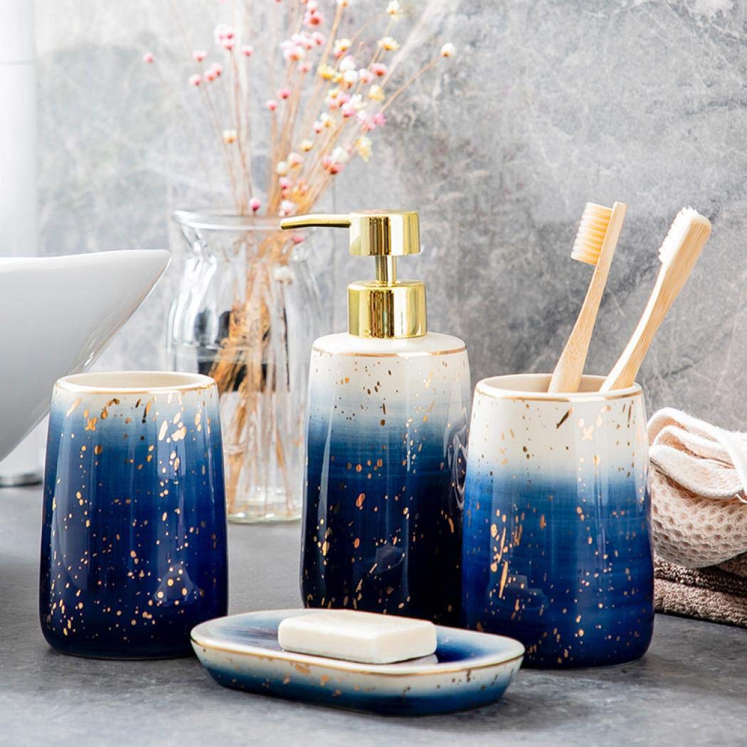 Ceramic Bathroom Accessories Set Of 4 Gradient Blue Washing Set 2 Gargle Cups,1 Soap Dishes,1 Lotion Dispenser Ideas Home Gift F