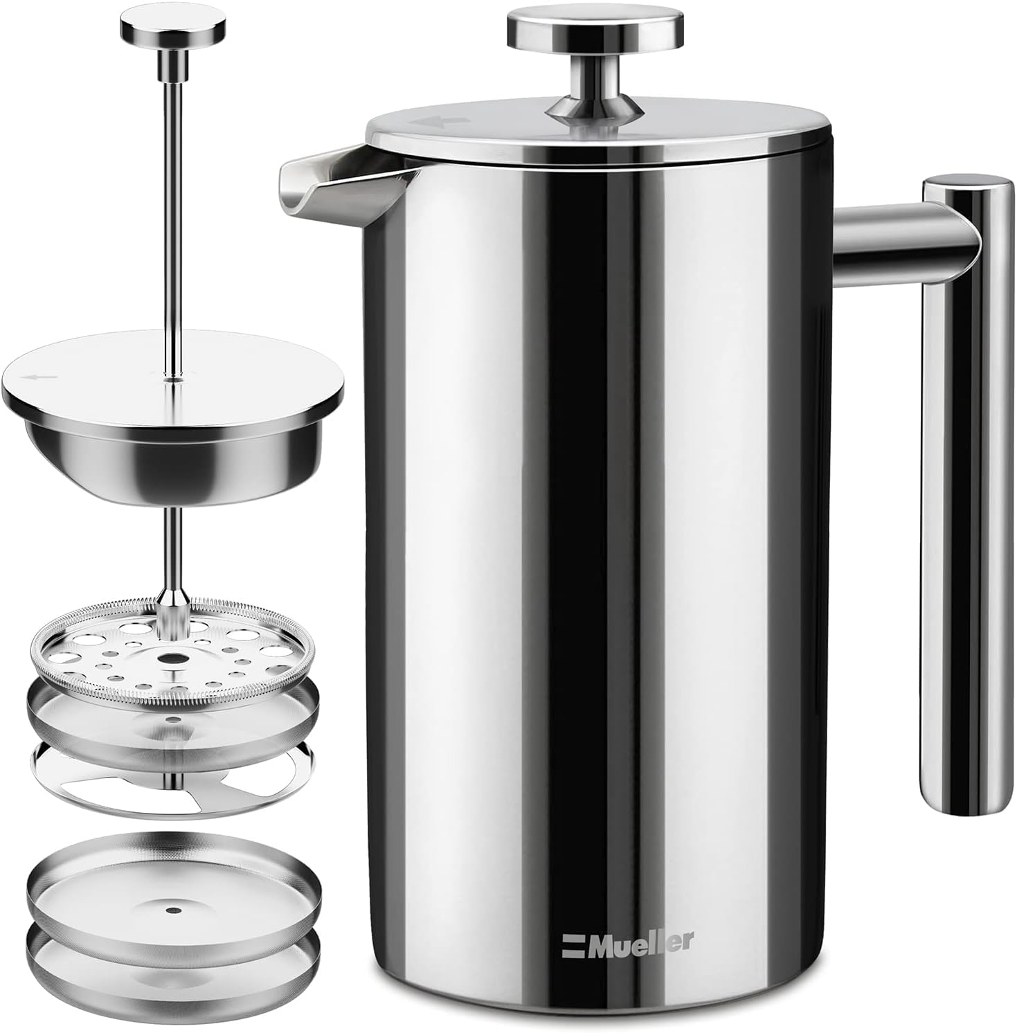 Muellerliving French Press Coffee Maker, 20 Oz, Stainless Steel, 4 Filters, Double Insulated, Rust-Free, Dishwasher Safe