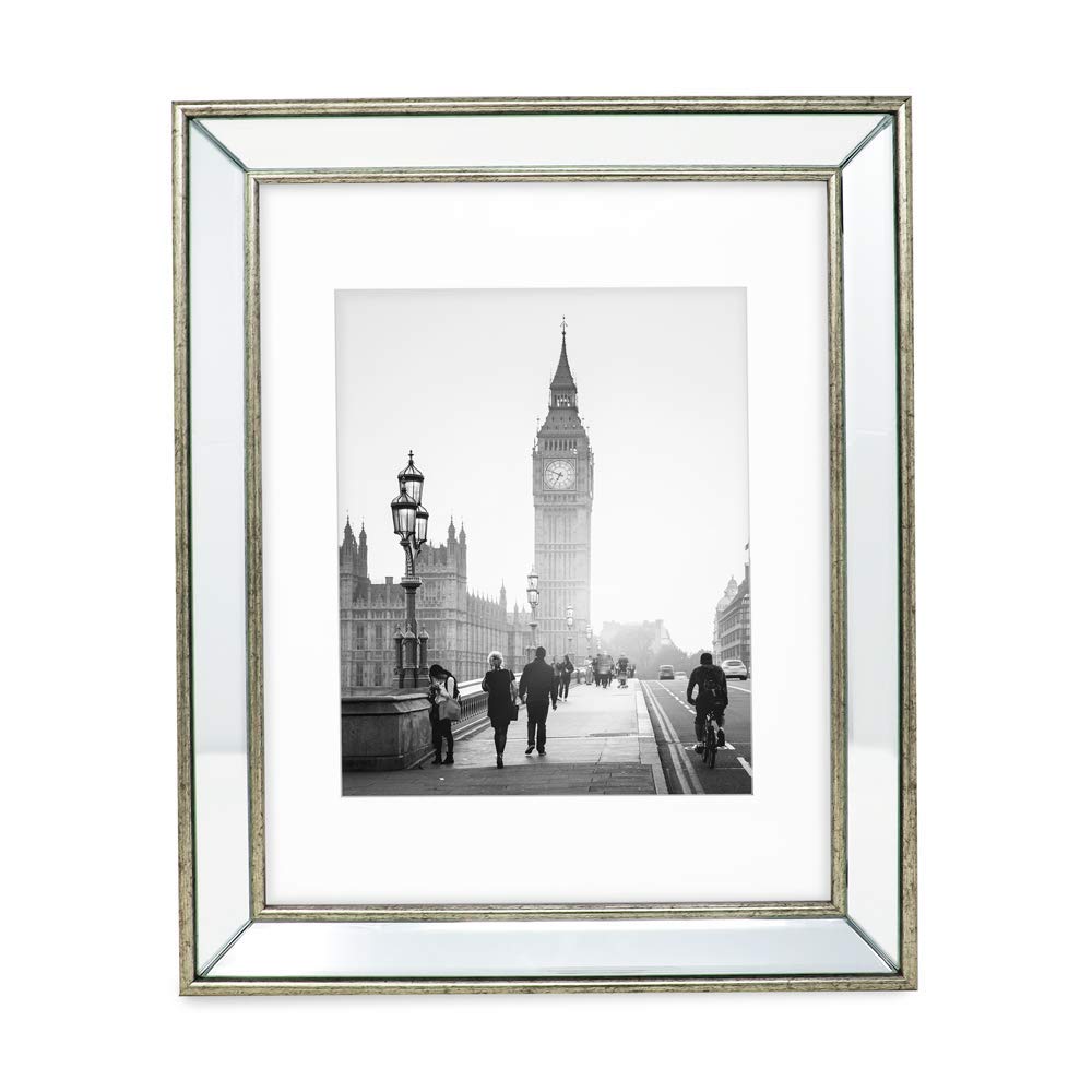 Isaac Jacobs 11x14 (Matted 8x10) Silver Beveled Mirror Picture Frame - Classic Mirrored Frame w/Deep Slanted Angle Made for Wall