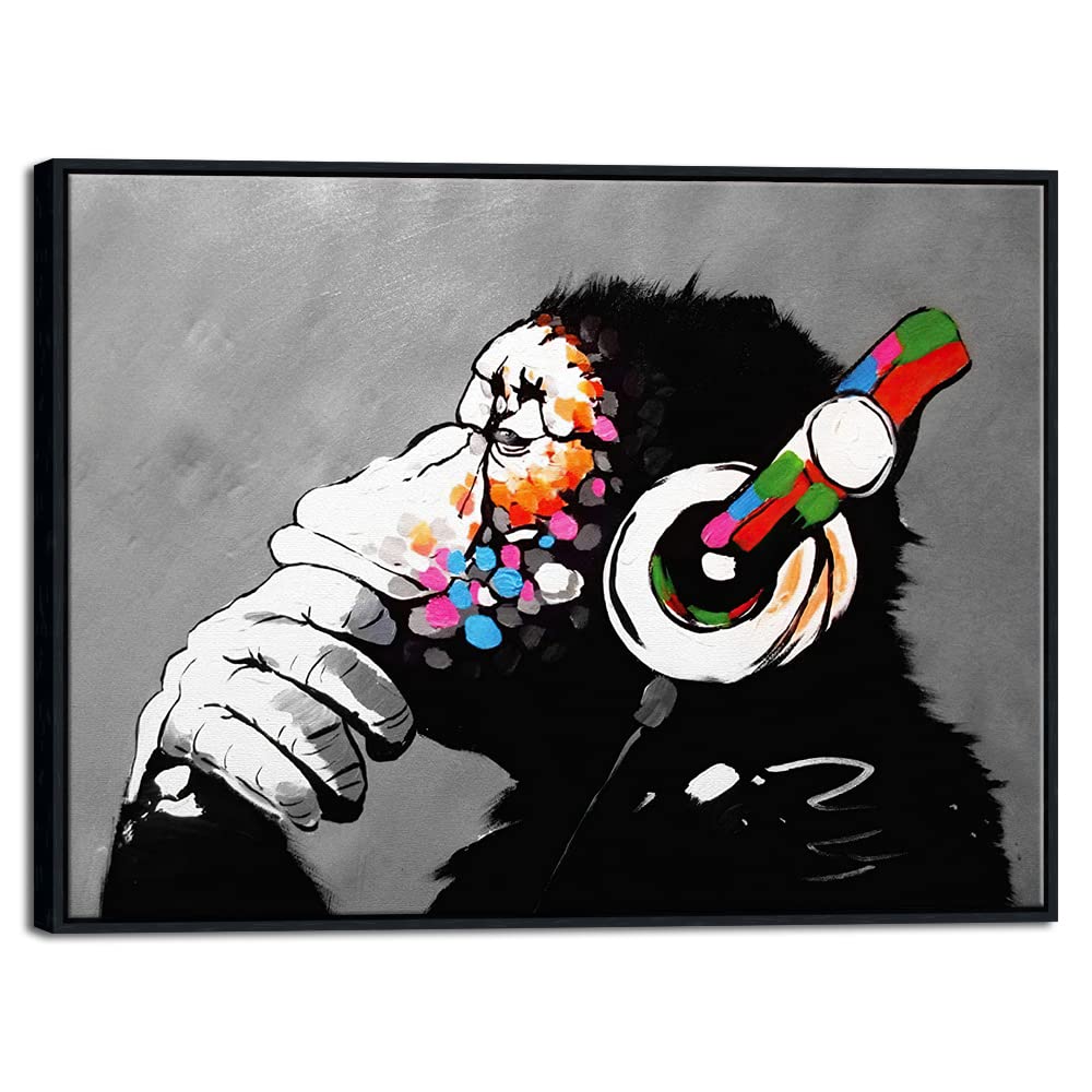 Wieco Art Large Black Framed Monkey With Headphones Banksy Graffiti Art Abstract Canvas Painting For Home Decor Canvas Wall Art