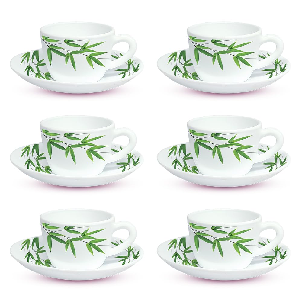 Larah By Borosil Bamboo Leaves Opalware Cup And Saucer Set Of 12 Pcs | Tea/Coffee Cups 145 Ml | Microwave & Dishwasher Safe | Bo