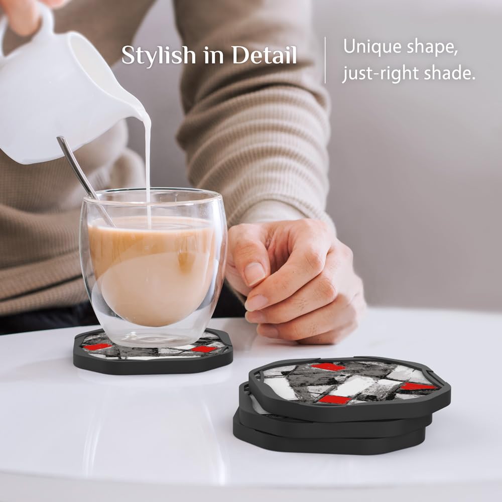 Umirro Cool Modern Absorbent Drink Coasters For Coffee Table, Black And Red, 4'', Set Of 4