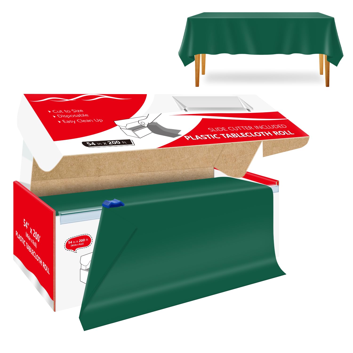 Xnluothsk 54 Inch x 200 Feet Dark Green Plastic Tablecloth Roll Cut to Size Disposable Table Cover with Cutter Box Plastic Table