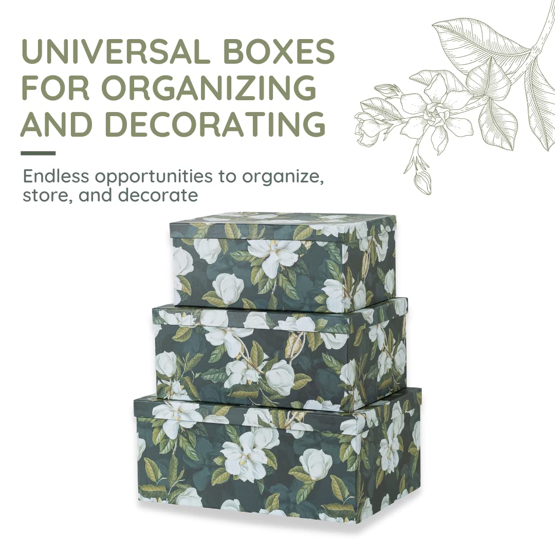 Soul & Lane Decorative Storage Cardboard Boxes with Lids | Midnight Gardenia - Set of 3 | Black Dramatic Paperboard Nesting Boxe