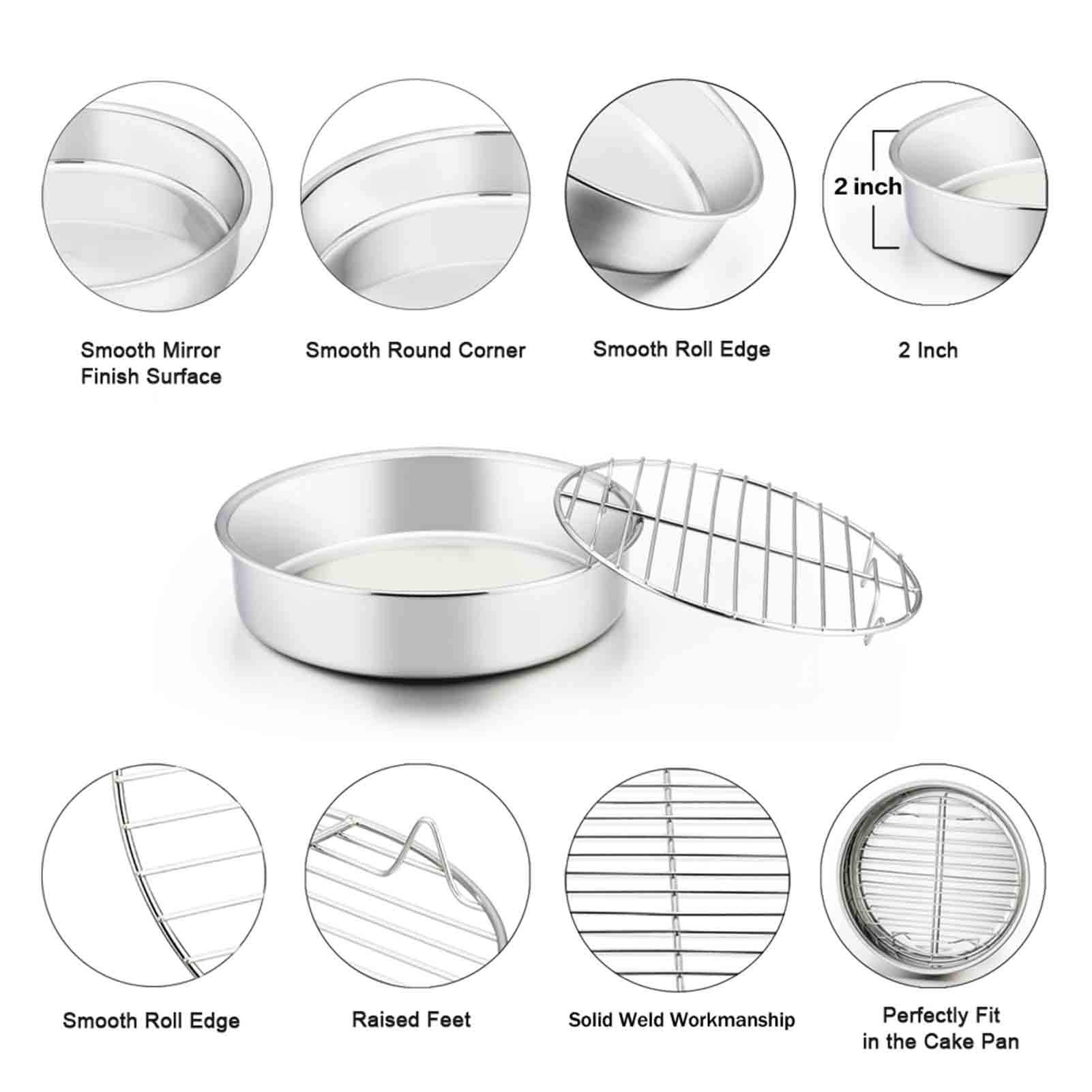 Teamfar 8 Inch Cake Pan And Rack Set Of 4, Stainless Steel Round Tier Cake Pans, For Baking Cooling Steaming, Fit In Oven, Pot,