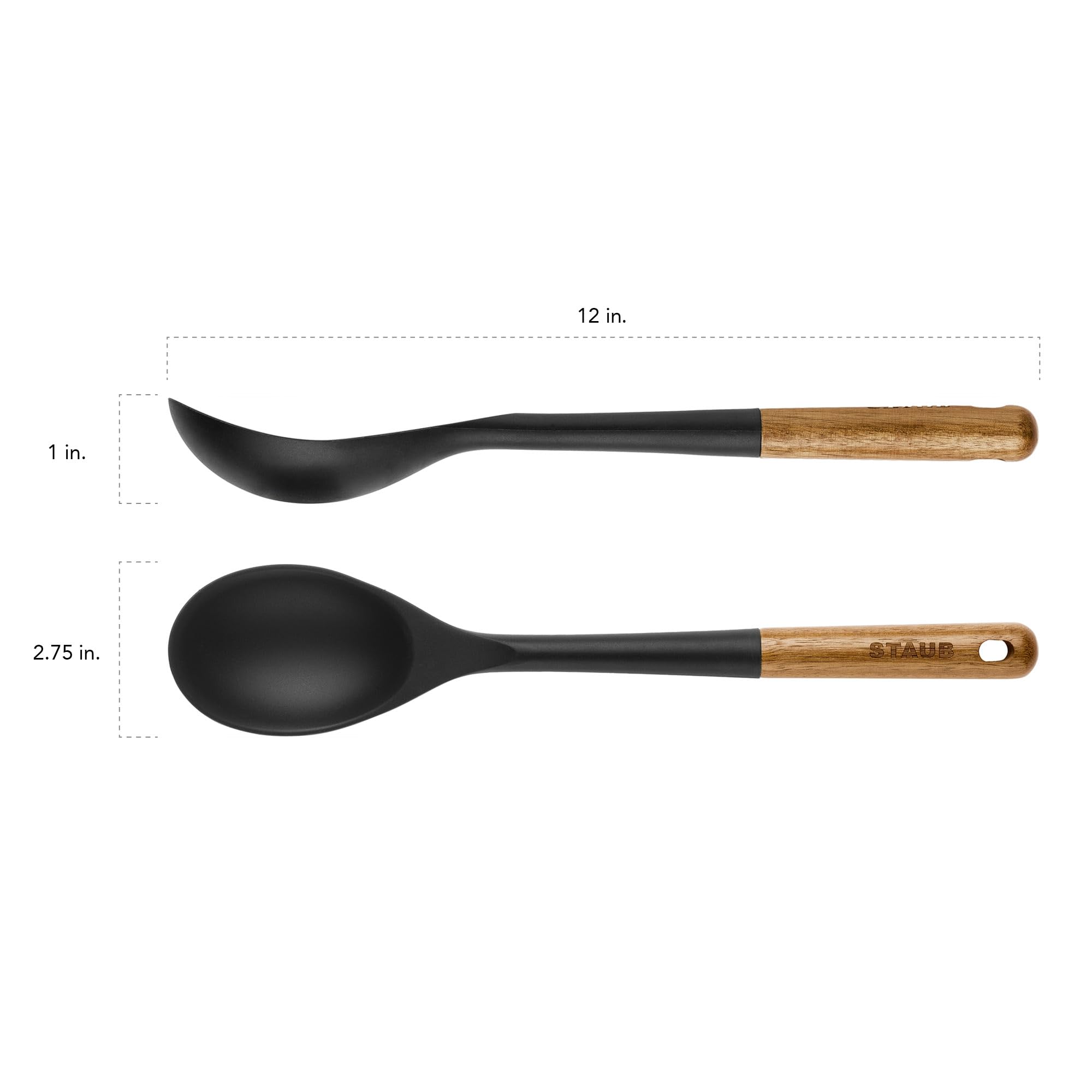 Staub Serving Spoon, Great For Scooping Sides And Serving Hearty Stews, Durable Bpa-Free Matte Black Silicone, Acacia Wood Handl