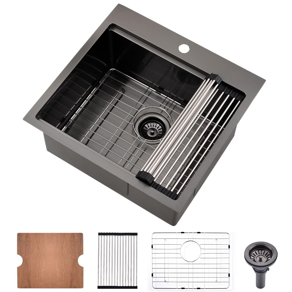 21 Inch Black Drop In Bar Sink Workstation-Bokaiya 21X20 Bar Sink Drop In Wet Bar Outdoor Rv Sink 16 Gauge Black Stainless Steel