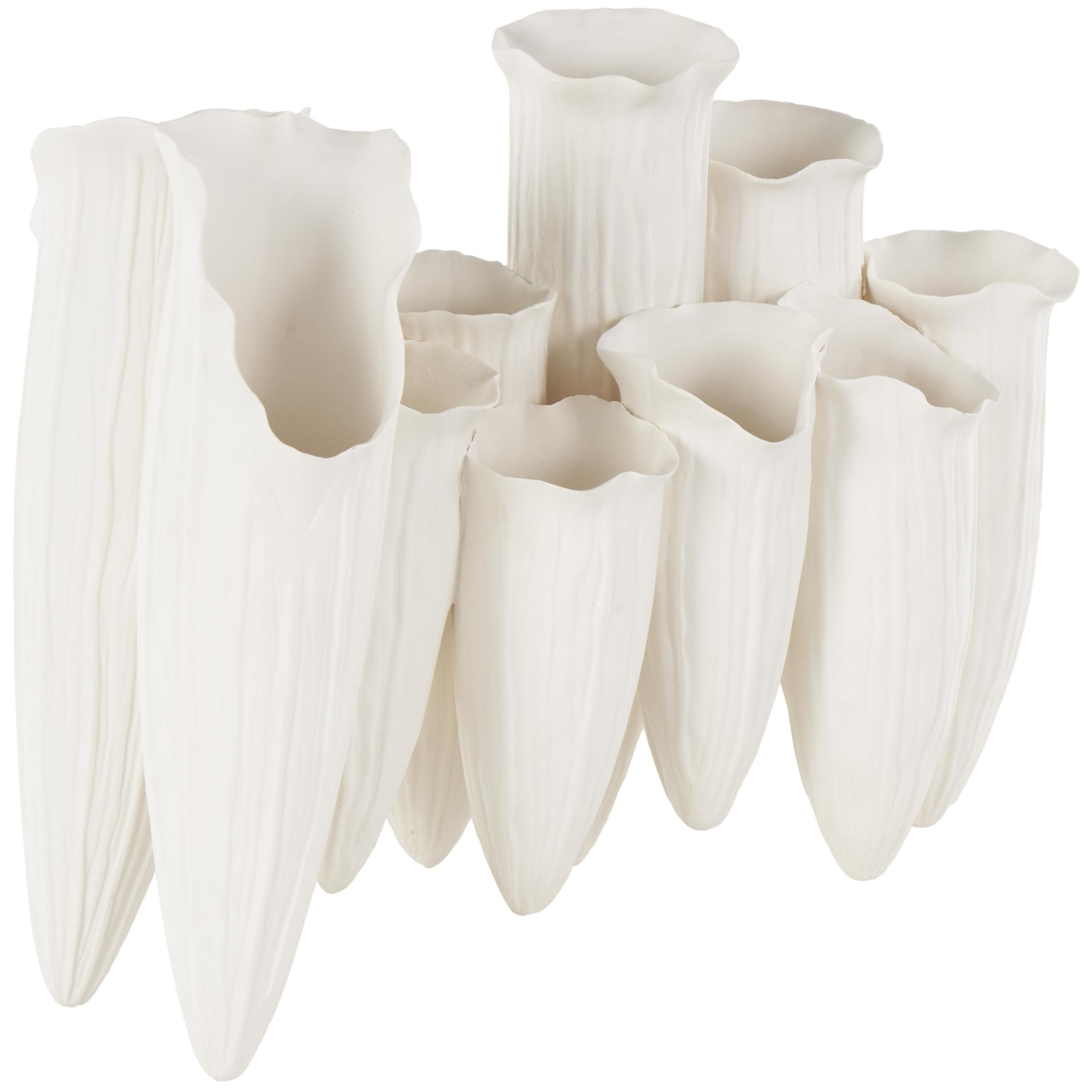 Deco 79 Ceramic Abstract Floral Inspired Vase with Linear Grooves and 10 Openings, 14 x 5 x 11, White