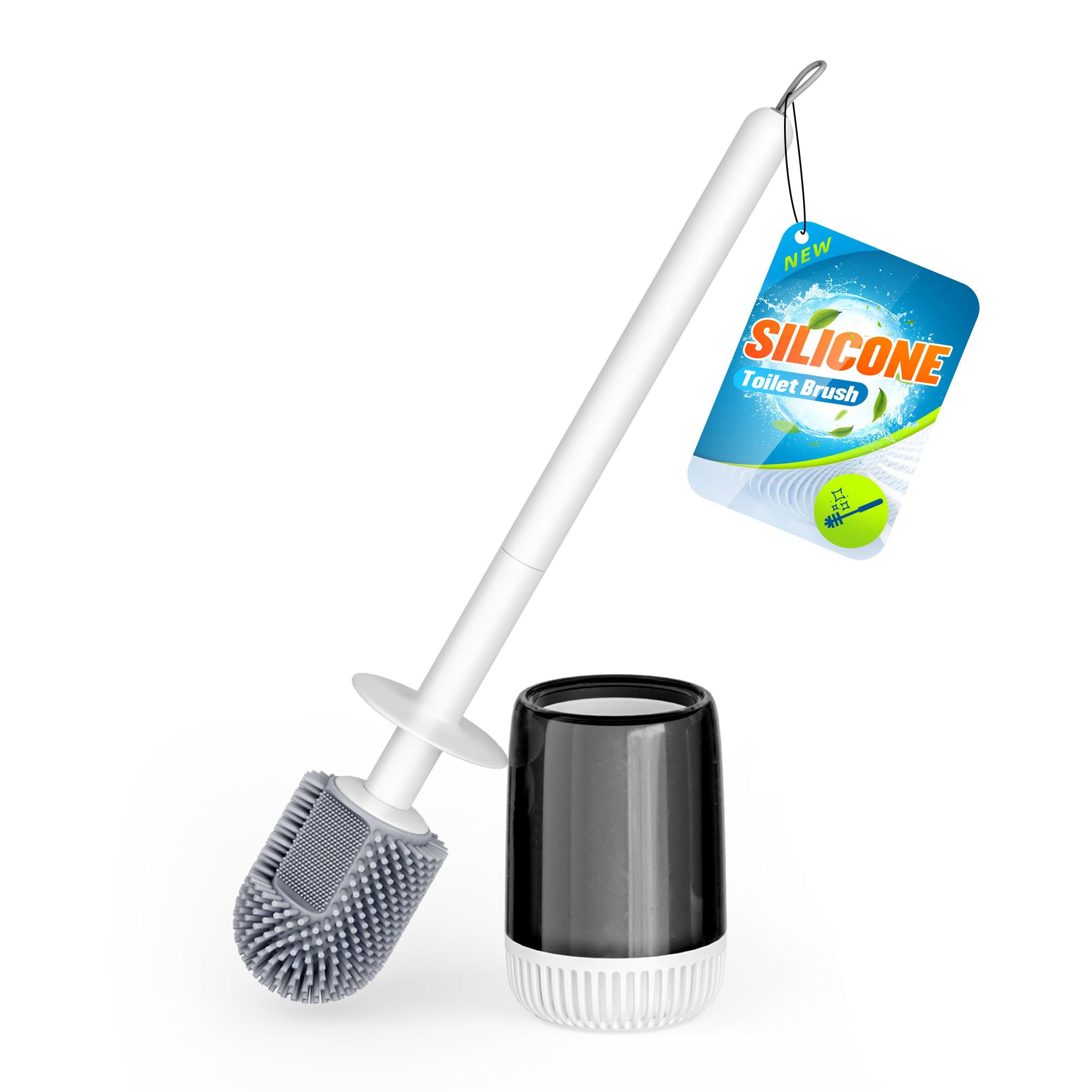 Silicone Toilet Brush and Holder Set with L-Shaped Brush Head, Wall Mounted Toilet Brush Set with Long Non-Slip Handles, Compact