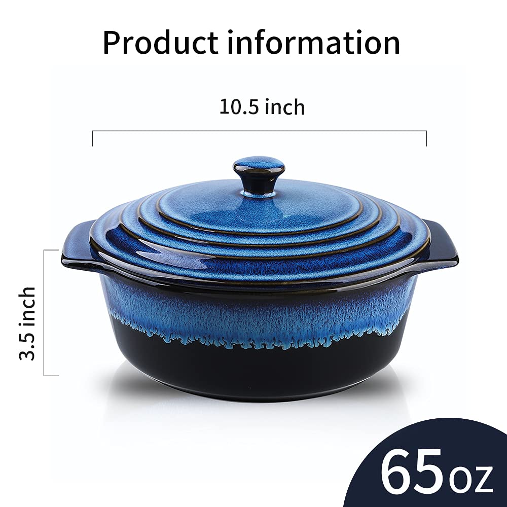 KOOV Ceramic Casserole Dish Set, 2 Quart, Oven Safe, Nebula Blue, Covered Round Baking Dish, 9 inch, Deep Cookware
