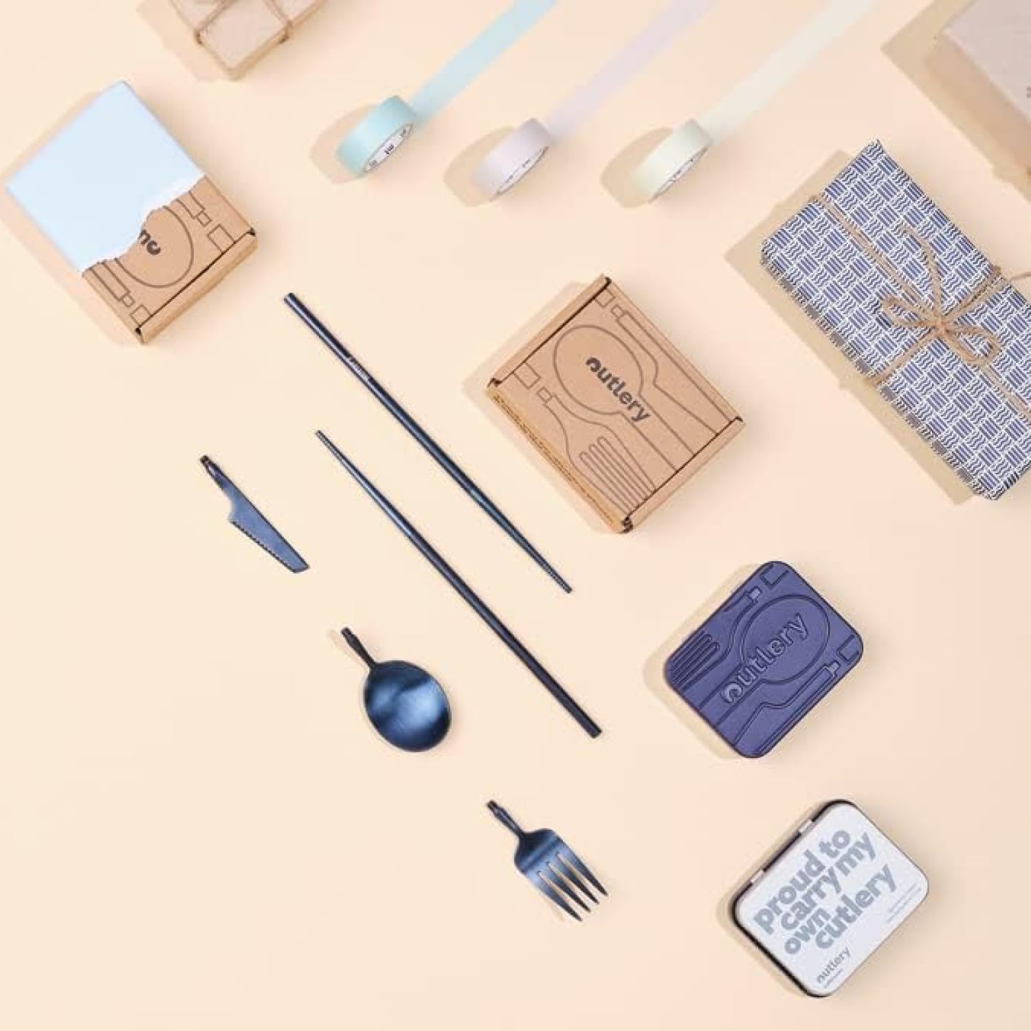 Outlery | Portable & Reusable Stainless Steel Travel Cutlery Set And Reusable Chopsticks (Whale Blue) Pocket Sized Cutlery Set