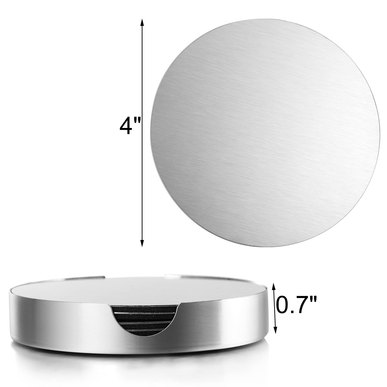 Hiceeden 18 Pack 4 Inch Stainless Steel Coasters, Round Silver Modern Coasters With 3 Holder, Rubber Foam Anti-Slip Bottom Coast