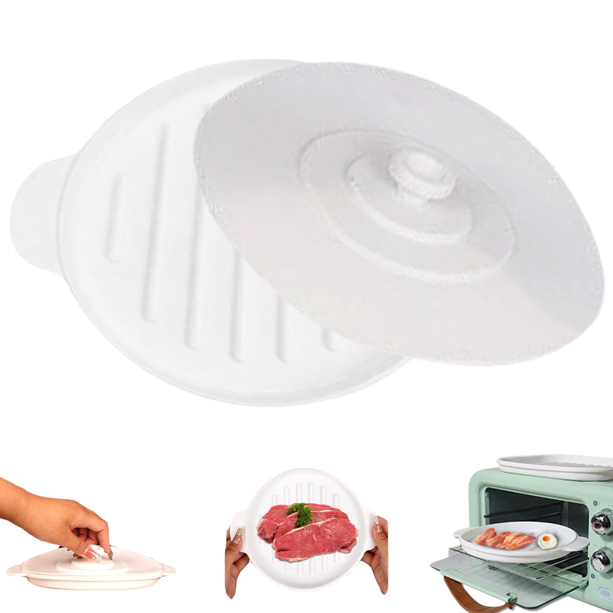 Pesoncarl Microwave Bacon Tray with Lid 9.5x7.8 Inch Round Silicone Baking Pan HeatResistant Bacon Tray with Dual Ears for Cook
