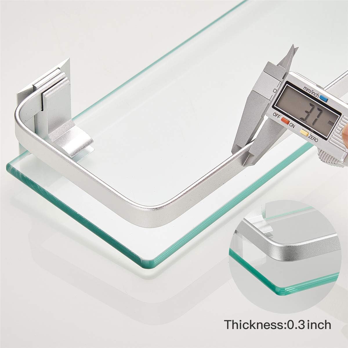 VOLPONE Glass Bathroom Shelf 15.7in Bathroom Shelf Wall Mounted Floating Glass Shelves with Towel Holder Glass Shower Shelf 2 Tier (Sliver)