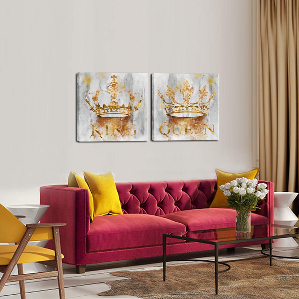 Sechars King And Queen Canvas Wall Art Crown Painting Prints Gold And Grey Bedroom Decoration Couples Annivesary Wedding Gifts 2