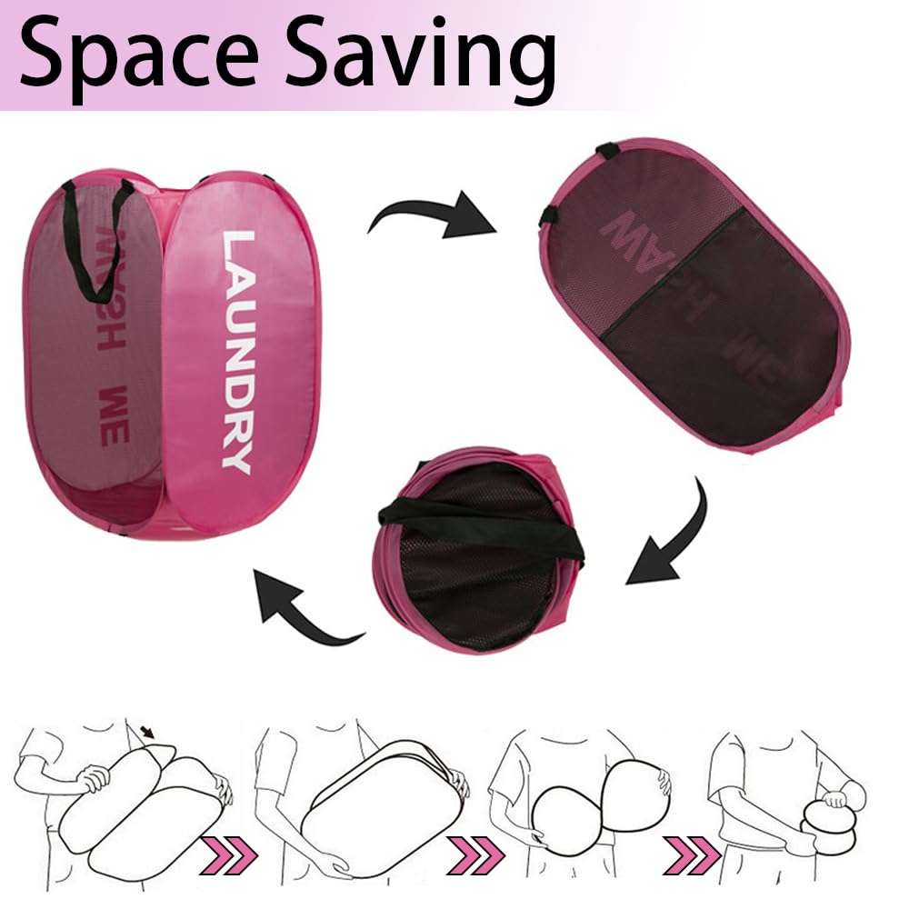 Aplter 2 Pack Mesh Pop Up Laundry Hamper Collapsible Laundry Basket Pink Dirty Clothes Basket For Kid'S Room, College Dorm, Bedr