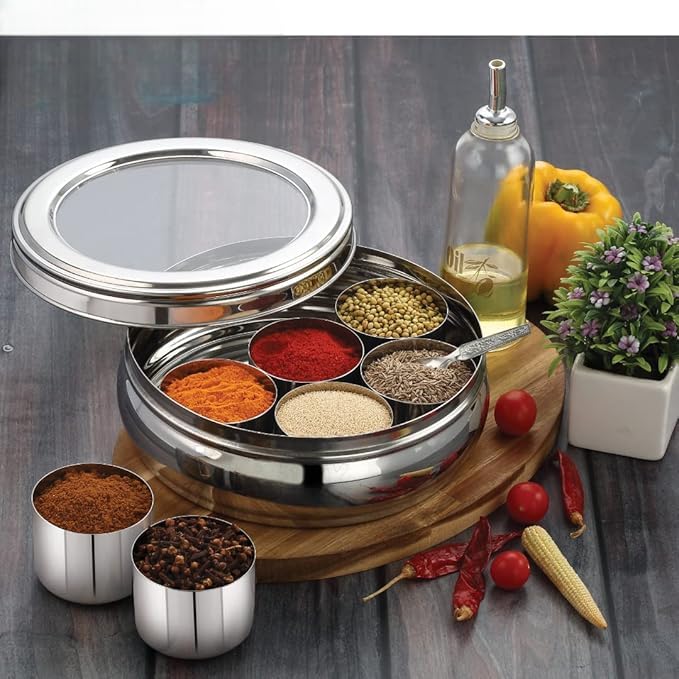Steeple Stainless Steel Masala Box With 7 Compartments | Masala Dani | SeeThrough Lid And Spoon | Airtight Spice Organizer For 