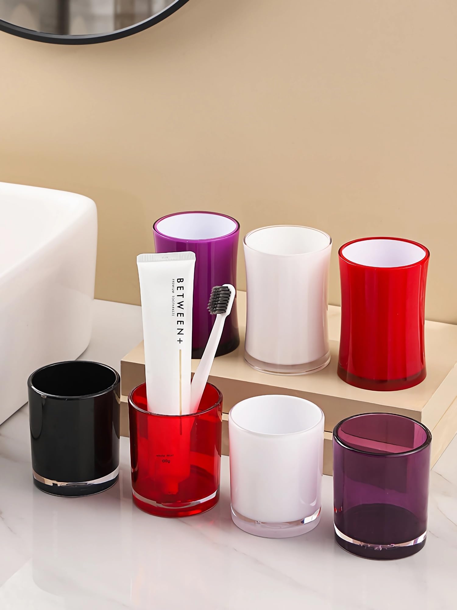 Tuanyo Red Bathroom Accessories Set - 5 Pcs Acrylic Bathroom Accessory Set - Toothbrush Holder, 2 Toothbrush Cups,Soap Dispenser