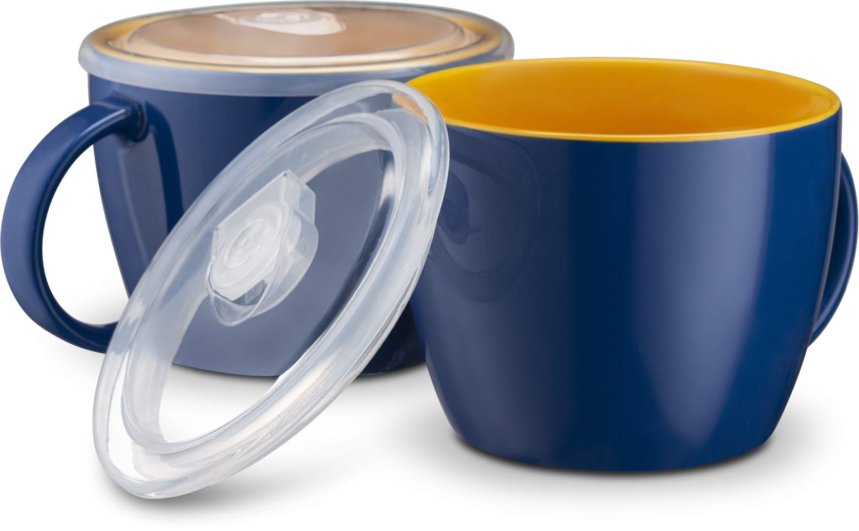KooK Ceramic Soup Mugs with Handles and Lids, 25 oz, Set of 2, Navy/Pumpkin